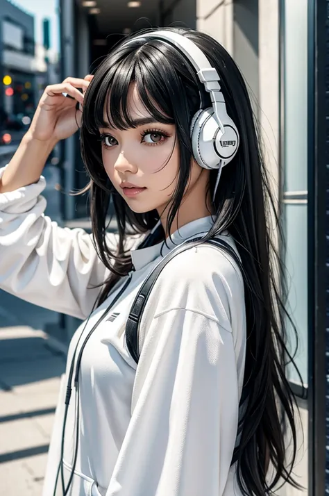 AN ADULT WOMAN WITH SHORT, WAVY BLACK HAIR WITH SIDE BANGS, WHITE HEADPHONES AND WHITE FUTURISTIC CLOTHES, brown eyes