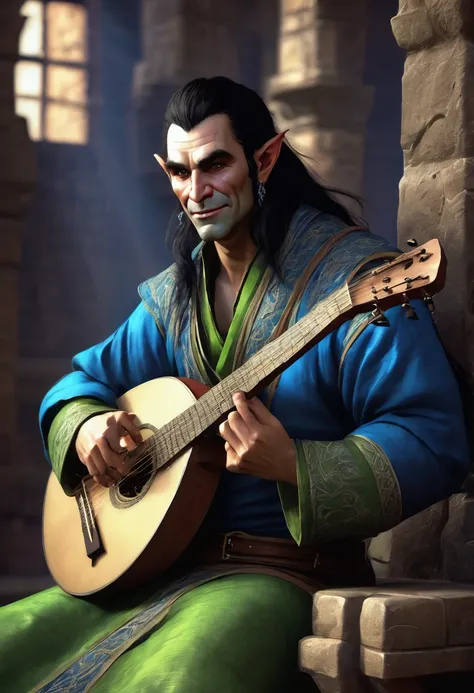 half orc, bard, green skin, male, playing a lute, long black hair, beautiful, glamourous blue robe, smiling, wearing rings, earings and colars, volumetric lighting, best qualityer, work of art, details Intricate, tone mapping, sharp focus, hyper detailled,...