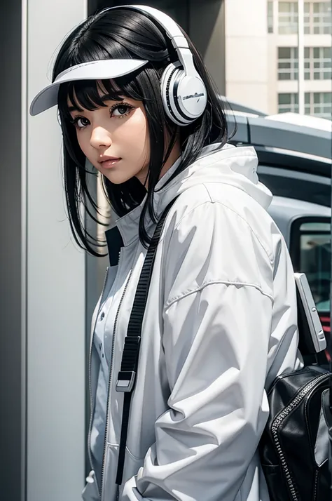 AN ADULT WOMAN WITH SHORT, WAVY BLACK HAIR WITH SIDE BANGS, WHITE HEADPHONES AND WHITE FUTURISTIC CLOTHES, brown eyes