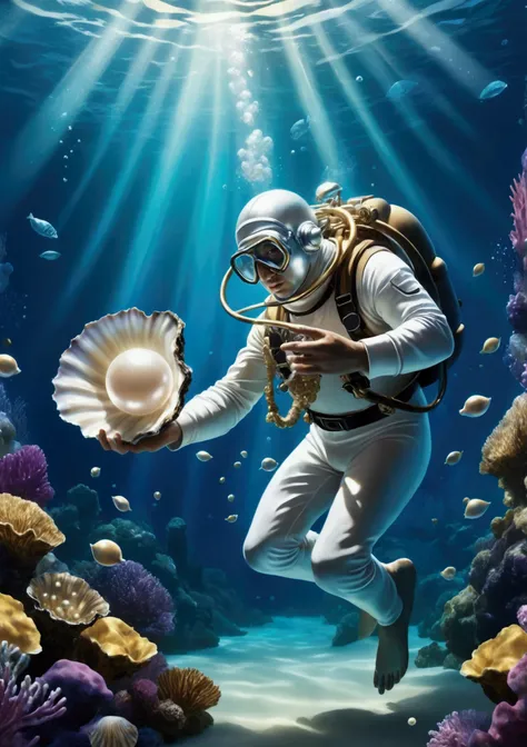 Illustrate Kino, a humble pearl diver, underwater as he discovers a large, shimmering pearl in an oyster. Style: Use detailed and realistic underwater scenes with bright, sparkling highlights on the pearl. The color palette should be rich and vibrant to em...