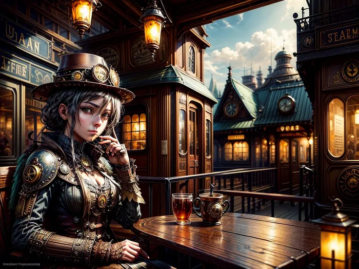 steampunkai。highest quality。masterpiece。detailed details。one woman。Traveler in steampunk style。Drinking coffee on the café terrace。The background is a steampunk style train station.。