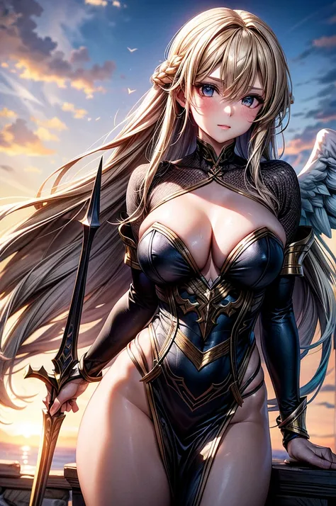 female archangel prepared for battle, an extremally beautiful warrior valkyre, ultra feminine, long hair, blond hair, braided hair, wearing divine golden armor, cleavage, big breasts, (angel wings: 1.2) spread, sword covered with blue fire, in battle, figh...