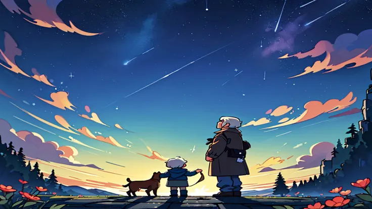 masterpiece, Highest quality,8k,Heartwarming、Faded flower field、Wide angle、Composition looking up from diagonally below、old couple、、Low-profile anime style