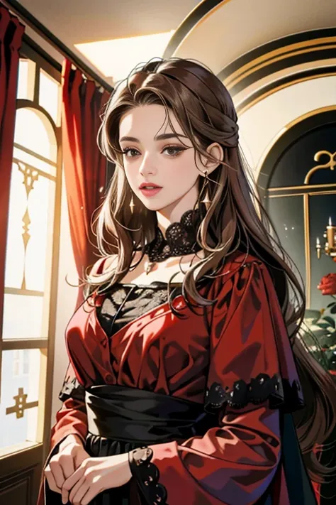 (Extremely detailed CG unit 8k wallpaper, masterpiece, Best Quality, ultra detailed), (better lighting, best shadow), 45-year-old Spanish woman in 1990., maduro, square face, wearing 1 red rose on the neck of the necklace, wearing a black and red lace dres...