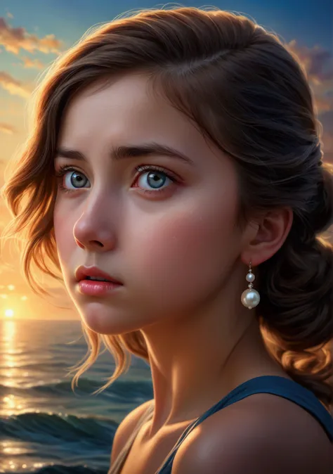 a girl staring at a pearl with a look of anguish and realization,detailed realistic portrait,sea landscape background,(best quality,4k,8k,highres,masterpiece:1.2),ultra-detailed,(realistic,photorealistic,photo-realistic:1.37),HDR,UHD,studio lighting,ultra-...