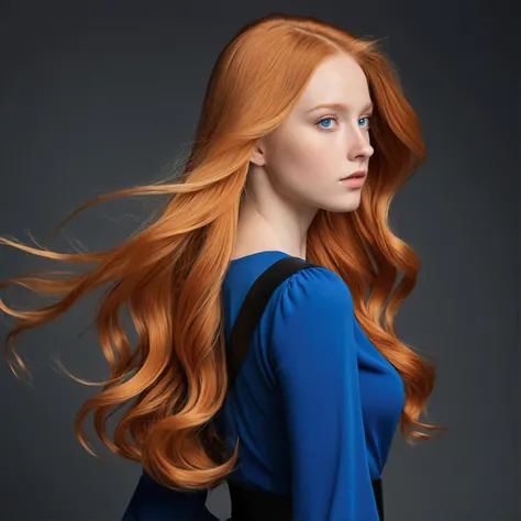 Looking forward in profile, a girl with her long orange hair falling in soft waves to the middle of her back. Her delicate face has a straight nose and big blue eyes.. She wears a blue dress that highlights her slender figure., with a wide black belt that ...