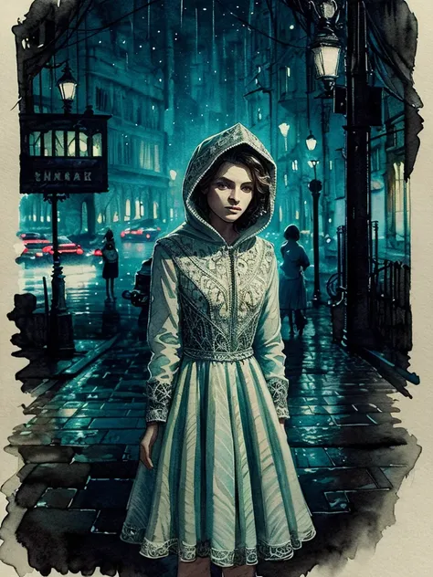 Adorable night vision, stunning dress woman figure in a dark intricately detailed hood in the street roads ,rainy night,perfect pro-style cinemontage art,Chiaroscuro, light of games in the backgrounds, watercolor wash and wax style, Enchanting art, Artfull...