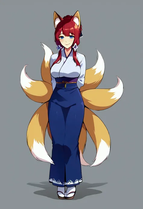 work of art, best qualityer, 1 girl, IncrsAhri, multiple tails, fox tail, korean clothes, overskirt, Braid, arms behind the back, seducing smile,