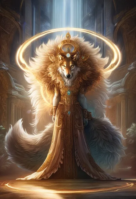 A breathtakingly detailed (((full body shot))) featuring a fantastically drawn (((anthro wolf gorgeous))) adorned in ornate spellcasting garb, with a luxuriously flowing (((frilly fluffy mane fur))), evoking a sense of ancient magic and sorcery. The wolf i...