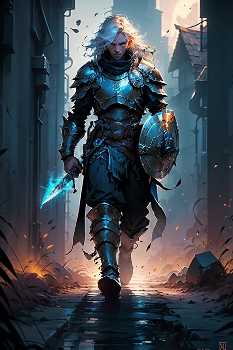 https://s.mj.run/dYiUM9wHmgQ dnd illustration art. knight holding a large shield. background sunset. loose brushstrokes