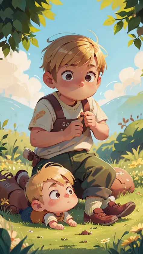 brown and blonde boy, sunny and grassy background, illustration style