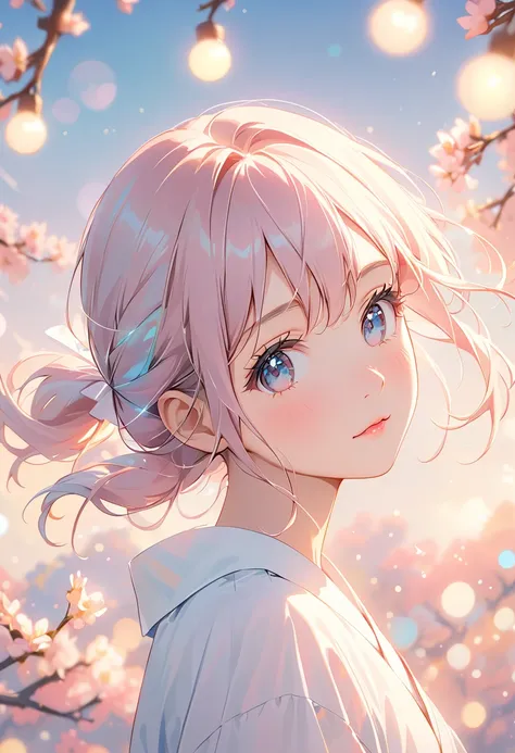 (Highest quality:1.2), Beautiful lo-fi minimalist vibe, Cute 18 year old Japan woman, Light bokeh, Soft colors, Sparkling, Dynamic Side Angle, Natural soft lighting, 8k resolution, shape, pastel four colors