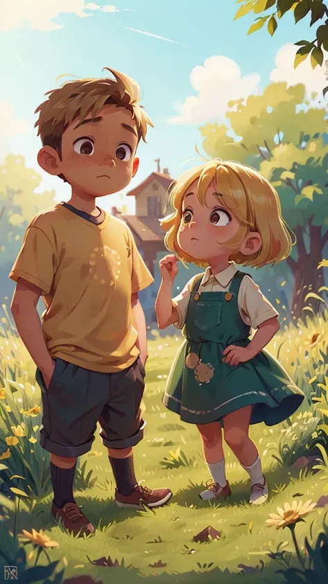 brown boy and blonde girl, sunny and grassy background, illustration style