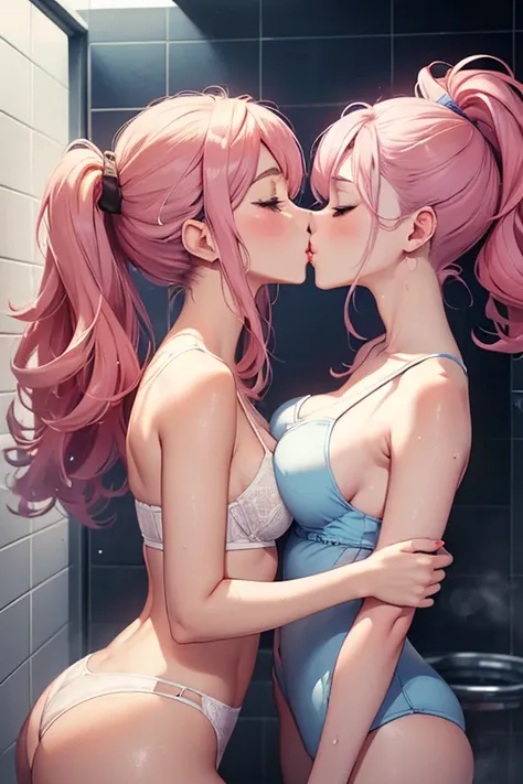 masterpiece, quality, A high resolution,((( 2 girls))), ((yuri)), ((this kiss:1.4)), (French kiss), Red blush:0.2, closing her eyes:0.5, (Tongue stock), (saliva), ((Touch)), Place your hands on your chest、Protruding upper bust、(in pink)、Light blue bra、(Bro...