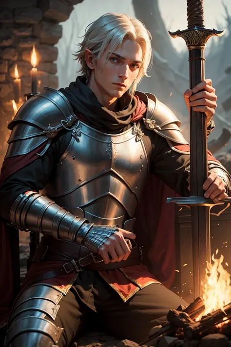 a dnd human echo knight resting near a bonefire holding his sword 