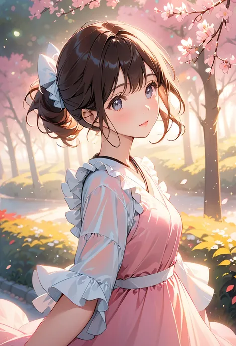 (Highest quality:1.2), Beautiful lo-fi minimalist vibe, Cute 23 year old Japanese woman, Light bokeh, Soft colors, Sparkling, Dynamic Side Angle, Natural soft lighting, 8k resolution, shape, pastel four colors,Brown hair color、Pink ruffled dress,