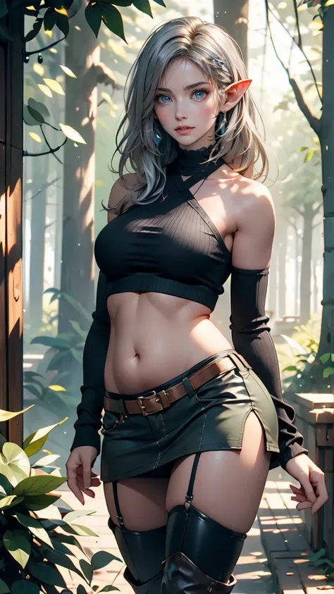 24 year old elf woman、Wear a green one-shoulder top、Visible lower milk、I can see my belly button、toned body、narrow waisted、Wear a miniskirt、Wear long boots、sexly、ombre、rot、long hair、silver hair、Being in the forest