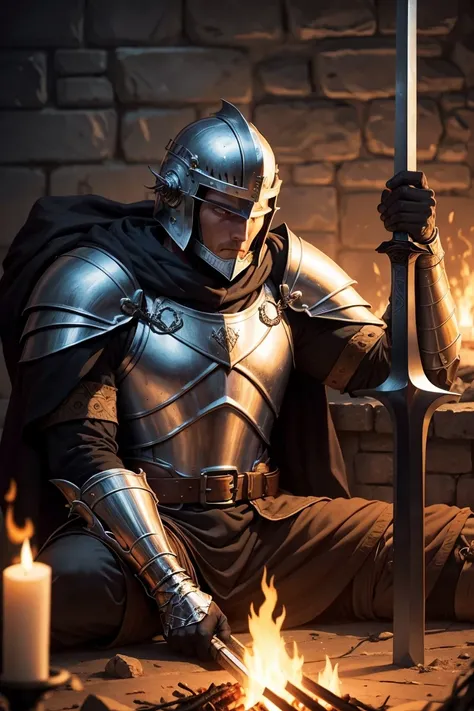 a dnd human echo knight resting near a bonefire holding his sword, helmet on but looking at bonfire as that hes resting, finally safe from cruel and dark woruld around him