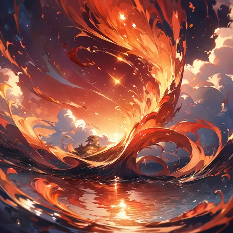 Atmospheric Red Gold Background, a mesmerizing blend of deep crimson and golden hues, swirling and merging like molten lava, with delicate tendrils of shimmering light dancing throughout, evoking the beauty of a sunset sky reflecting on rippling water, cel...