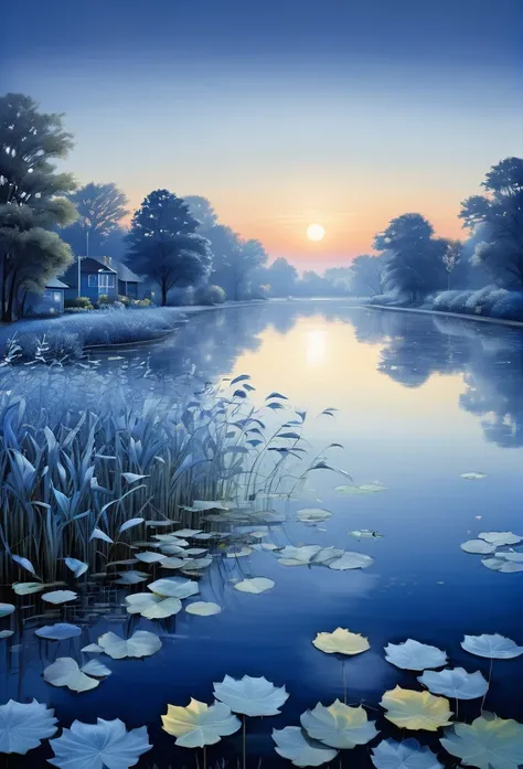 World, crowd, us, dawn and dusk, blue morning, distant hometown, once upon a time, sunny, youthful, blue morning, gray leaves, pond, evening breeze, distant light,(masterpiece, best quality:1.2), extremly detailed