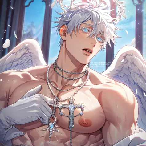 absurdres, highres, ultra detailed, HDR, master piece, best quality, Gojou Satoru, white hair, expressive blue eyes, white eyelashes, Jujutsu Kaisen, solo, sexy man, handsome, horny, lewd, Angel, halo, angel wings on his back, white fantasy clothes, access...