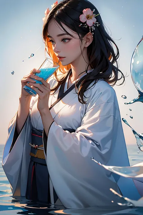 A large shot of a beautiful woman in a kimono holding a clear glass of water in her hand