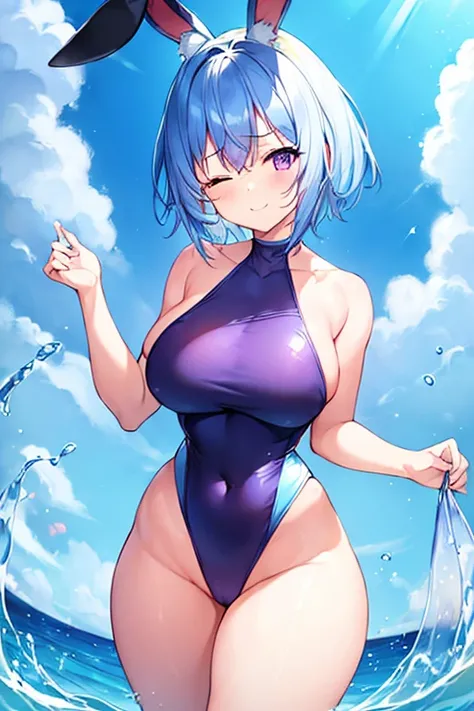 1girl, rabbit ears, light blue hair, very short hair, one eye closed, purple eyes, large breasts, thick thighs, beach, blue hair, smile, animal ear fluff, (animal ear fluff), hourglass figure, bare legs, one-piece swimsuit, competition swimsuit, blue one-p...