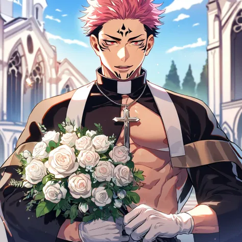 absurdres, highres, ultra detailed, HDR, master piece, best quality, Ryoumen Sukuna, pink hair, expressive red eyes, Jujutsu Kaisen, solo, sexy man, handsome, horny, lewd, black priest robes, accessories, showing the chest, cross necklace, priest, white gl...