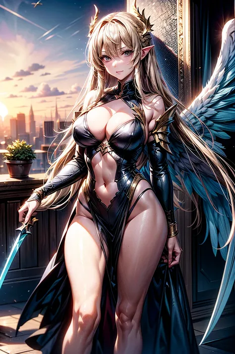 female archangel prepared for battle, an extremally beautiful warrior valkyre, ultra feminine, long hair, blond hair, braided hair, wearing divine golden armor, cleavage, big breasts, (angel wings: 1.2) spread, golden sword, in battle, fighting, sky enviro...