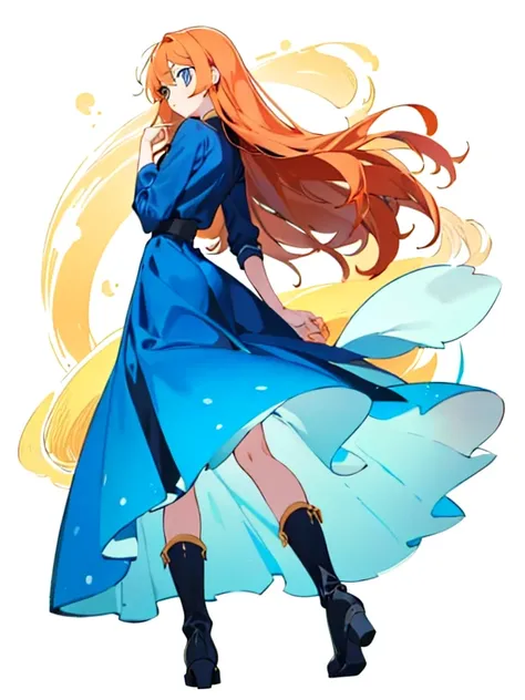 looking ahead, a girl with her long orange hair falling in soft waves to the middle of her back. Her delicate face has a straight nose and big blue eyes.. She wears a blue dress that highlights her slender figure., with a wide black belt that accentuates h...