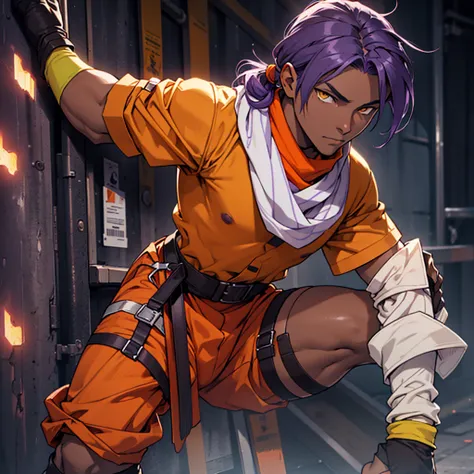 Orange shirt, one boy, Alone, Dark skinned male, Dark skinned, Long ponytail hair, Parted bangs, Purple hair, Yellow eyes, Waist accessory, Scarf, Gloves, ((leg warmers)), White straps,