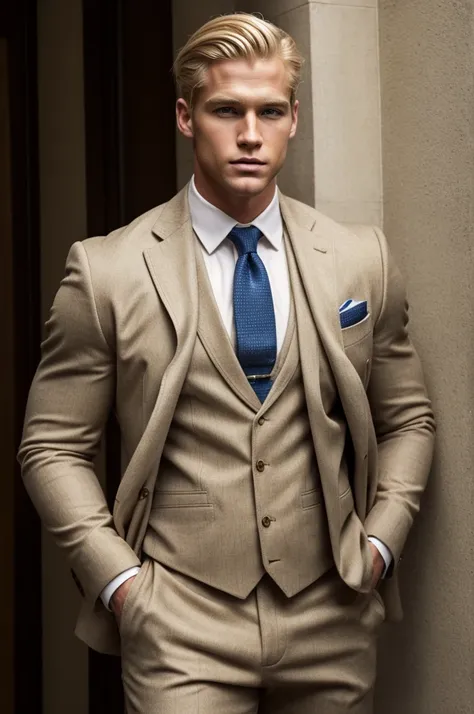 handsome american man with blonde hair and masculine build. he is wearing a classic american suit.