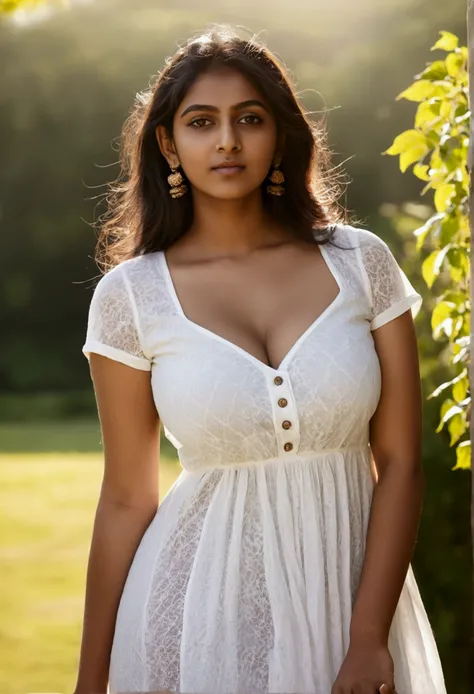 young british indian, girl, busty in white cotton summer dress, sun shining behind makes it see through