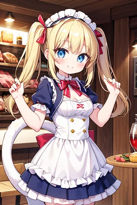 A happy smile,Eat a multi-layered steak,big steak,Meat cubes,tail,Highest quality,Blonde with blue eyes、Lolita、Small breasts、Twin tails、girl&#39;enjoy,smile,bonnet,chopsticks,Japanese hashi,