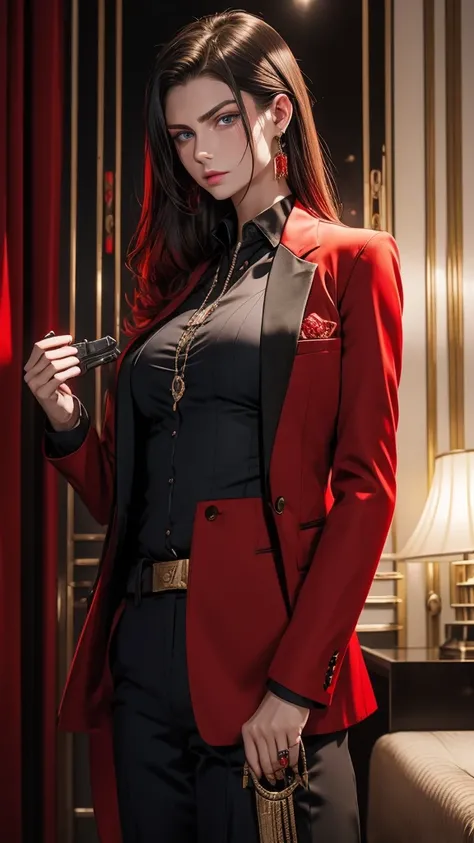 russian mafia、Red suit、Opened Y-shirt、Holding a Tokarev in one hand、Large scars on both cheeks、Blue Eyes、Eyes are fixed、ambition、fear、Angry、woman、Luxury hotel interior、Highest quality