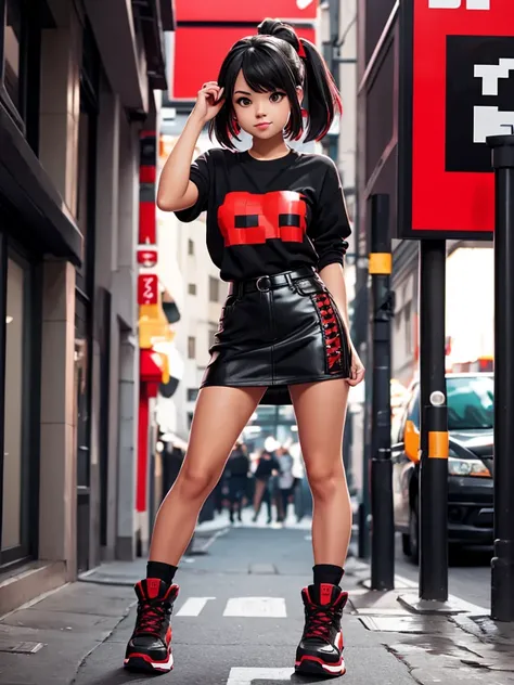 Full body rocker cute girl, with black and red clothes, Pixelated style but clear.