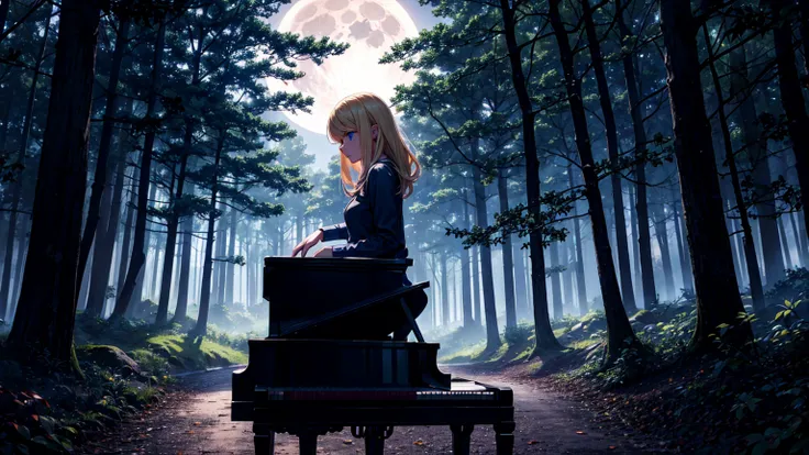 A blonde girl with blue eyes playing the piano in a shadowy forest under a full moon playing the piano.