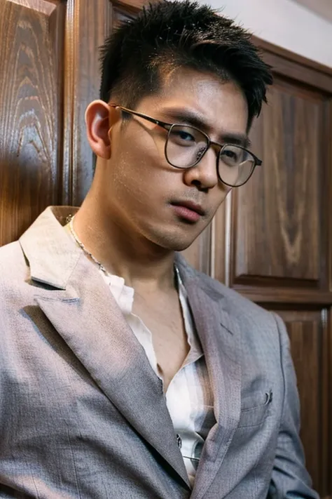 (masterpiece, best quality, detailed:1.2)  handsome bodybuilder young korean man,  semi Open shirt, gray suit, glasses, in Office, sexy modelshoot 