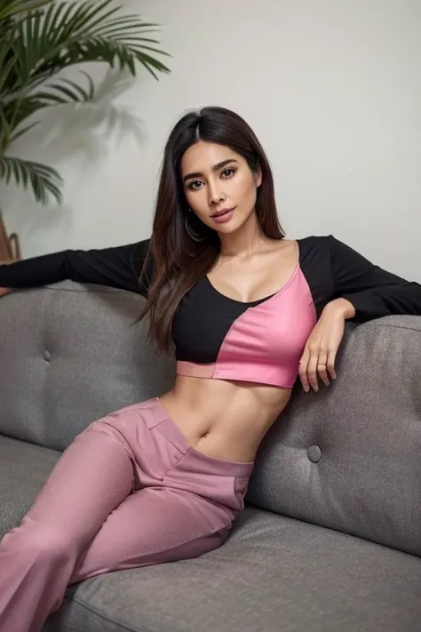 a woman sitting on a sofa wearing a black top and gray pants, tanned ameera al taweel, wearing a sexy crop top, cool appearance,...