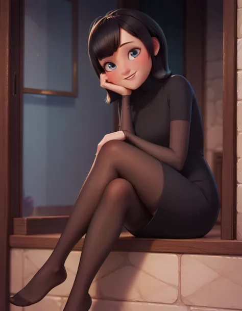 mavis dracula, bblack hair, blue colored eyes, blush, corner smile, black straight dress, black pantyhose with stripes, sitting ...