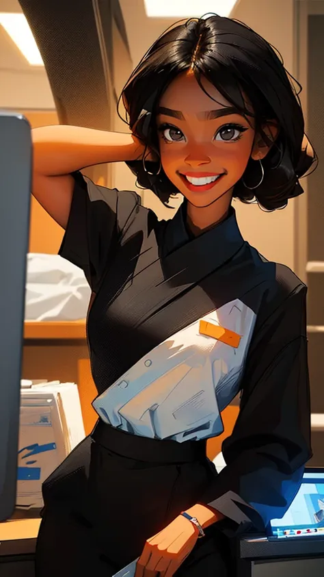 ((details));(highest quality);  ((black power hair)); black girl with  work clothes; office worker ((devian art)); smiling; (bes...