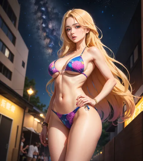 Masterpiece artwork, best qualityer, gals, 苗条, Eyes red, hair color,, Long hair spreading, Caucasian skin, half, comely, sensuous,, 比基尼, natta, psychedelic, working day, Extreme Color, Tema paisley, complete body, blonde in colorful bikini, the milky way a...