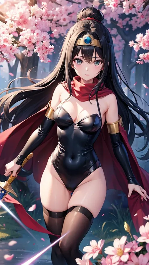 （（（ＳＦＷ、sound、Highest quality、First class work、Normal body、、Detailed face、Ultra-precision、normal hand、Normal refer to、５refer to、Highest）））、beautiful girl、Black Hair、yamato nadeshiko、Small breasts、Shortcuts、Blue leotard、Shoulder Off、Black paleo skirt、Red Cap...