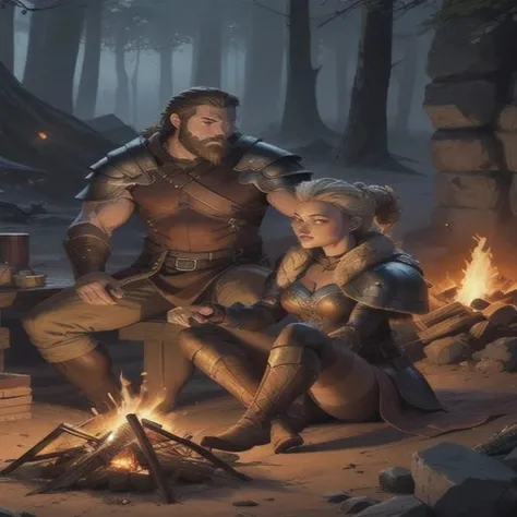 Muscular man with brown hair and beard with fit woman with blonde braided hair sitting around a campfire. Both wearing armor made out of furs and pelts. Dungeons and dragons characters.