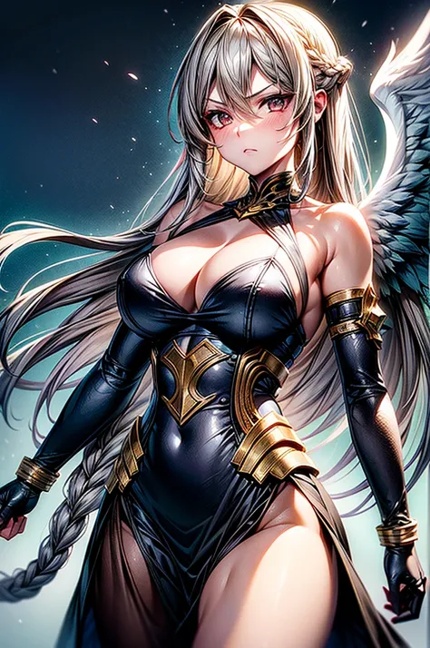 female archangel prepared for battle, an extremally beautiful warrior valkyre, ultra feminine, long hair, blond hair, braided hair, wearing divine golden armor, cleavage, big breasts, (angel wings: 1.2) spread, holding a sword in front of her face, angry l...