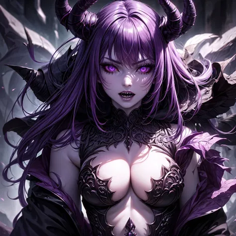 detailed demon-like woman, vibrant purple eyes, intricate horns, sharp teeth, ebony hair, pale skin, dark fantasy, cinematic lighting, dramatic chiaroscuro, rich colors, highly detailed, photorealistic, 8k, masterpiece