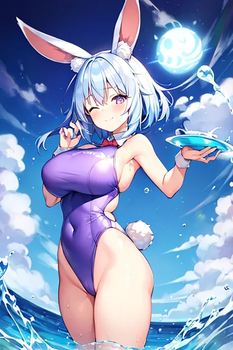 1girl, rabbit ears, animal ear fluff, (animal ear fluff), white rabbit ears, light blue hair, blue hair, very short hair, purple eyes, one eye closed, large breasts, thick thighs, hourglass figure, light smile, one-piece swimsuit, competition swimsuit, bar...