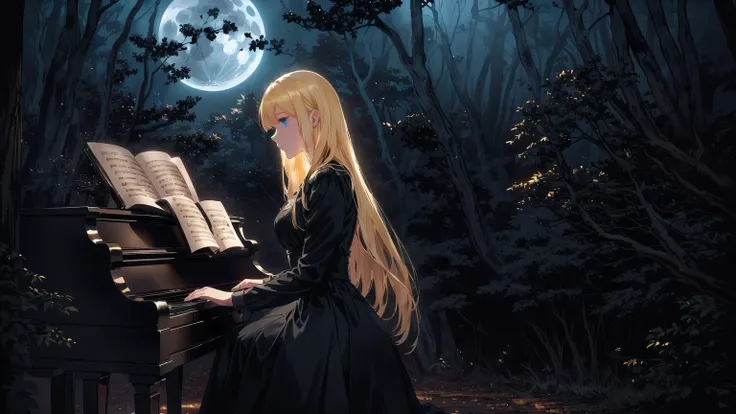 A blonde girl with blue eyes playing the piano in a shadowy forest under a full and large moon. The piano has only one notebook over it. She is wearing an old-fashioned black dress that adds to the mysterious and haunting mood of the setting. The full moon...