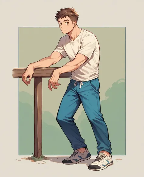 Human Male, Brown  side fringe Hairstyle , white t-shirt, blue Pants  ,cool poses ,Full body 