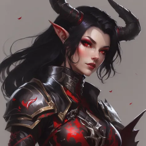 a close up of a woman with horns and red eyes, tiefling, tiefling female warlock, dnd portrait of a tiefling, tiefling rogue, tiefling from d & d, alluring tiefling druid, attractive tiefling druid, by Yang J, artgerm detailed, diablo 4 lilith, alena aenam...